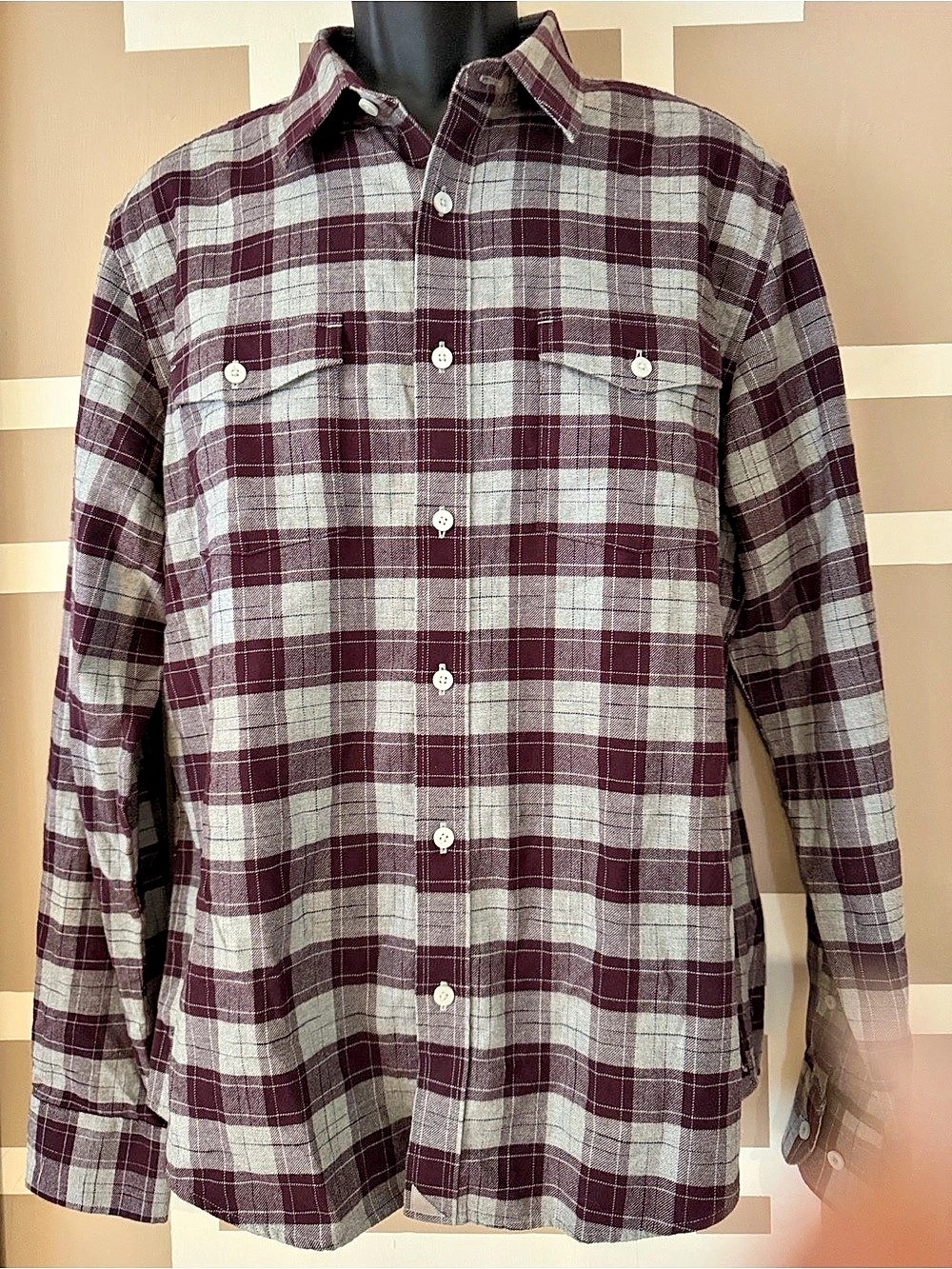 NWOT UNTUCKit Slim Fit Plaid Flannel Button Down Shirt Burgundy/Gray Sz L